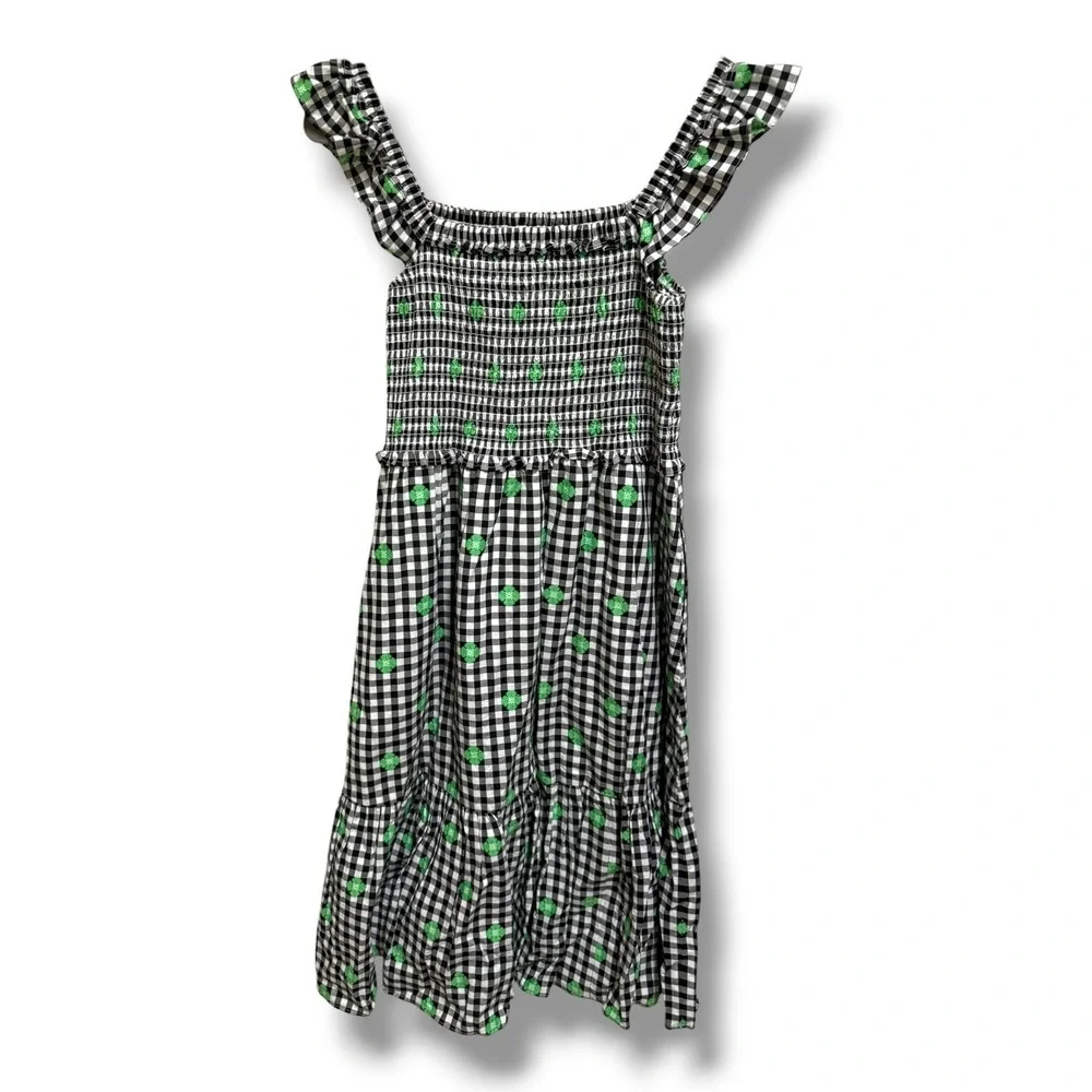 Kate Spade New York Gingham Voile Smocked Dress Black White Green Floral Plaid M